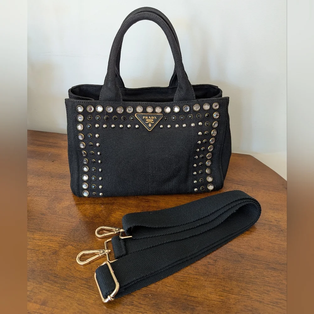 Black Prada Canapa Studded & Rhinestone Bag - Picture 3 of 17